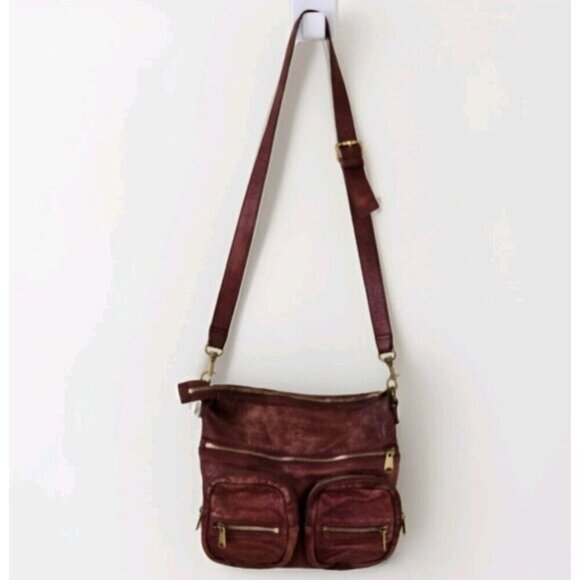 Liebeskind Crossbody Bag Anny Fire Red Aged Leather Zip Flannel Plaid Lined Boho - Picture 1 of 16